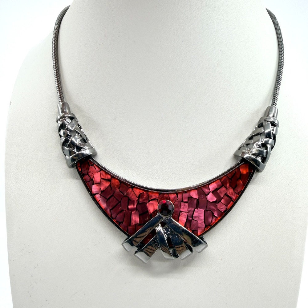 VTG Red Faux Mother of Pearl Mosaic Crescent Bib Gunmetal Snake Chain Necklace
